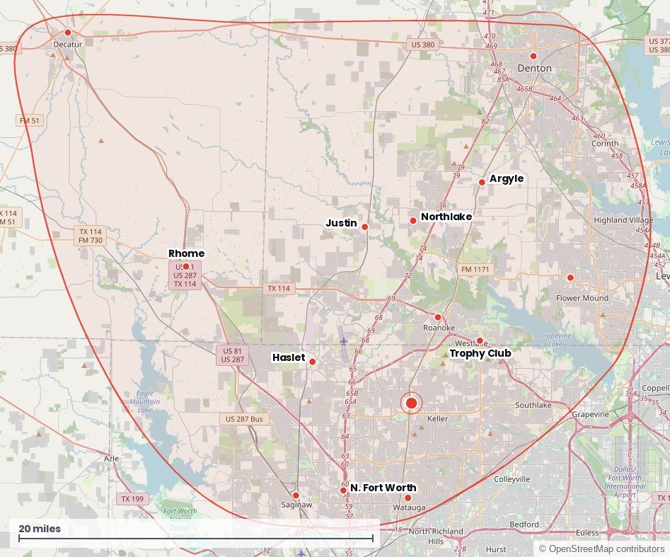Map of Dent Discipline's service area: based in Keller, TX, reaching north to Denton and Decatur, east to Flower Mound, west past Rhome and south to Fort Worth.